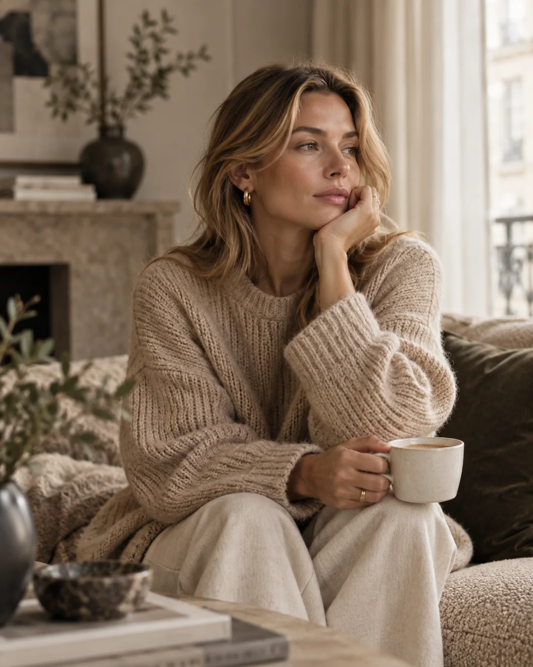Kvinde med kaffe i roligt nordisk hjem