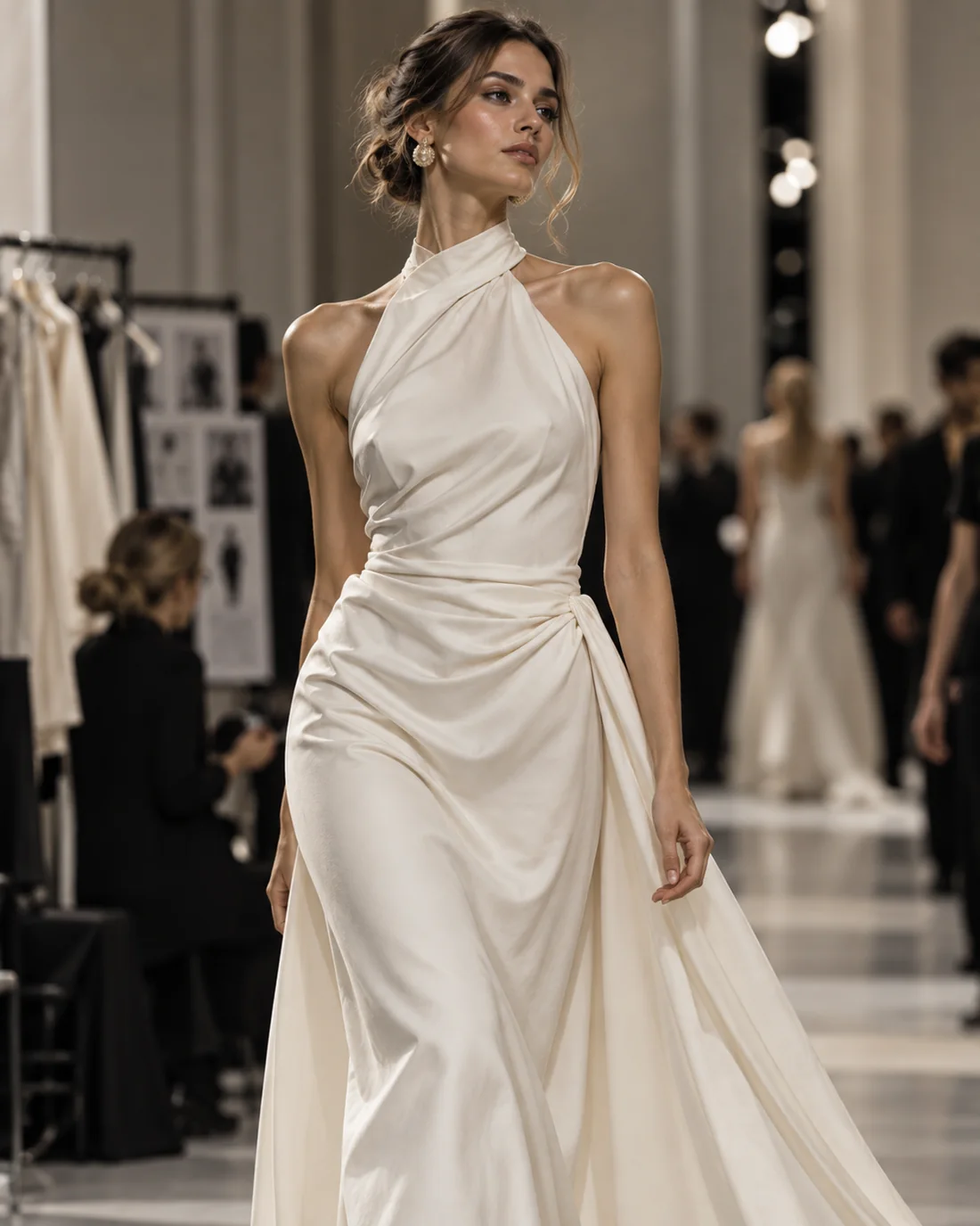 Model i elfenbensfarvet couture under modeuge